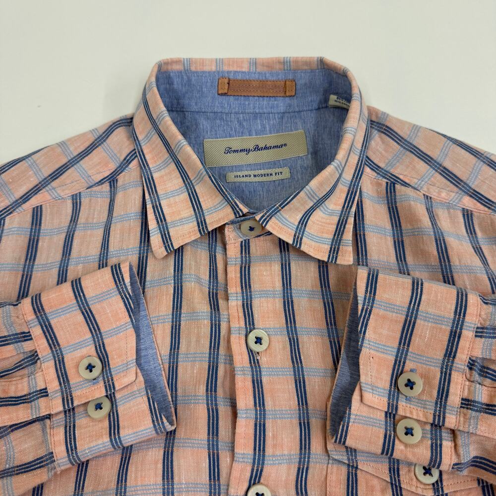 Tommy Bahama Mens S Linen Blend Shirt Peach Blue Plaid Long Sleeve Island Fit
